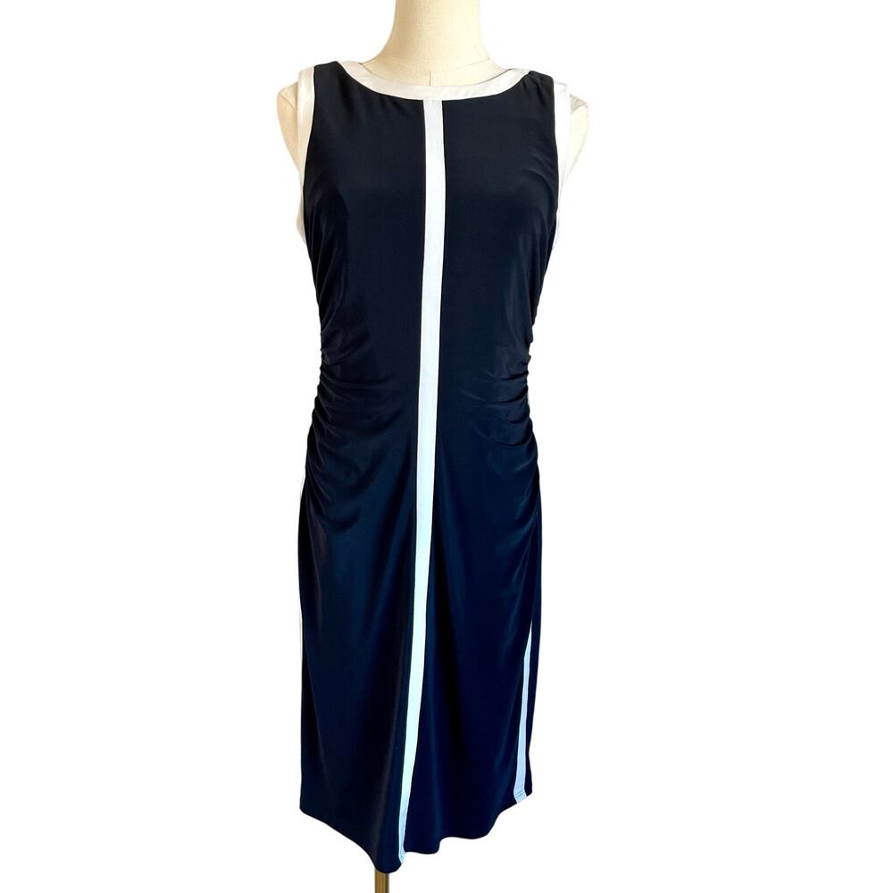 Ralph Lauren Black White Sleeveless Ruched Bodycon Slinky Sheath Travel Dress 6